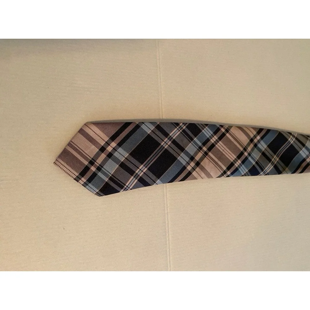 Boys Navy Blue Tan Plaid Clip-On Necktie‎ 14 Inch Formal School Uniform Tie
